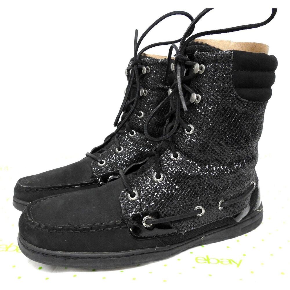 Sperry Women's 10 M Top Sider Hikerfish Black Glitter Boat Boots #9173683